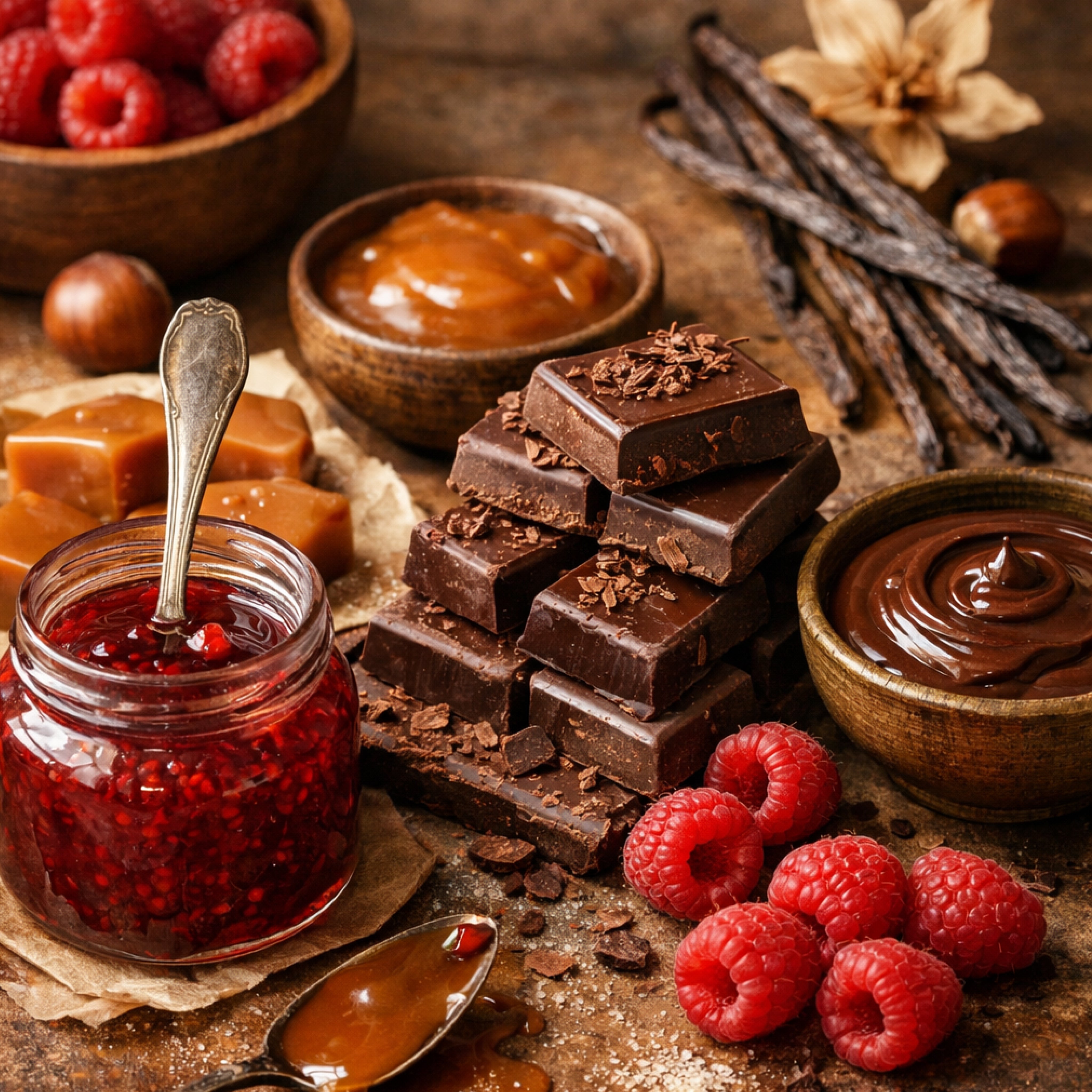 Warm gourmand composition with praline, caramel and raspberry elements illustrating the contrasting sweetness of Praline Maligne and the fruity jam character of Comfy Ture