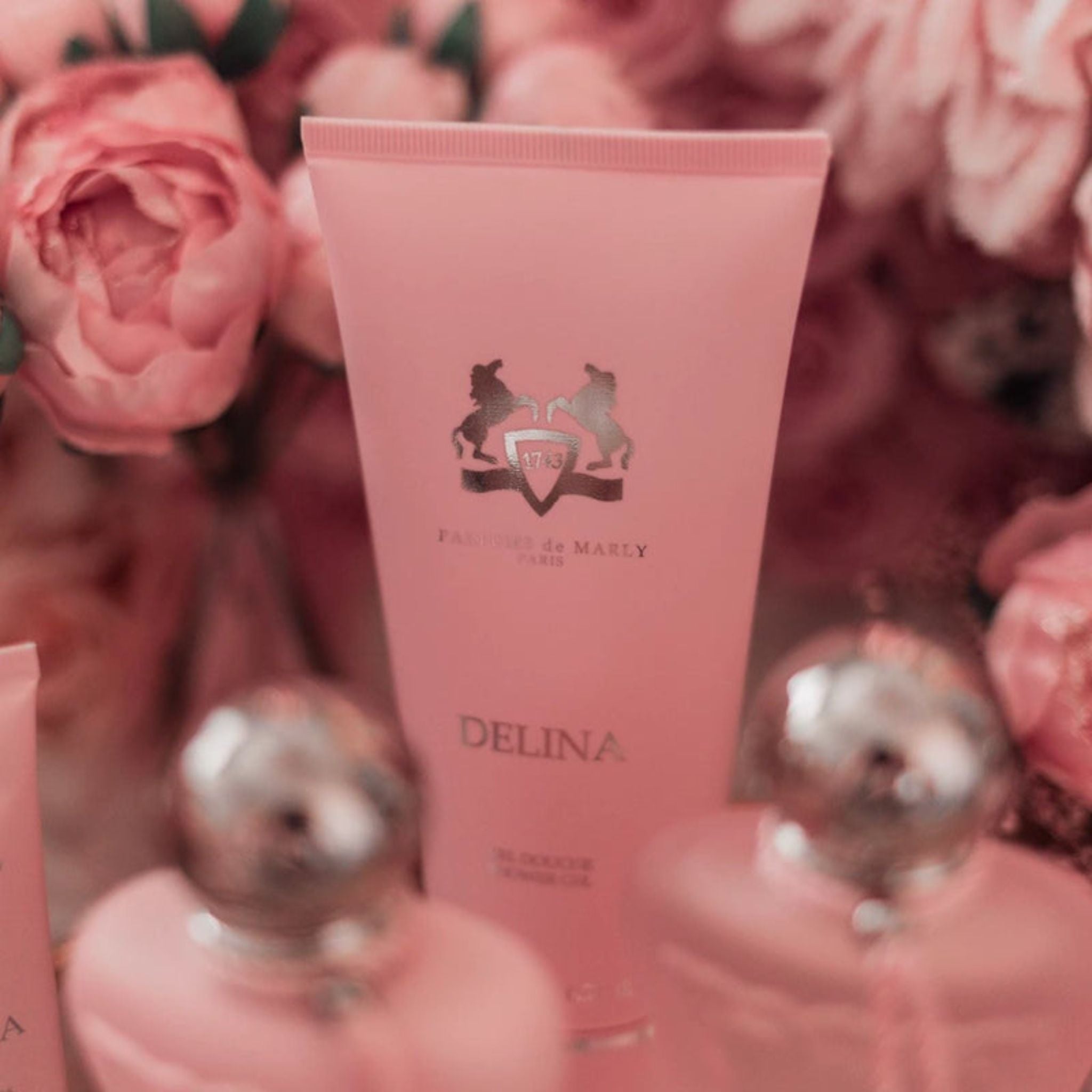 Pink Delina skincare product with floral background